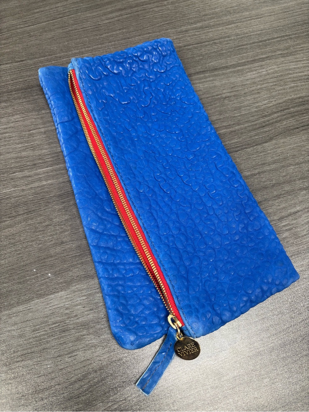 Clare V Vintage Fold-Over Electric Blue Leather Zip Pouch with Red Trim